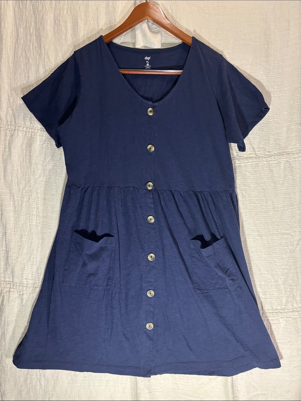 dip Organic Cotton Babydoll Navy Blue Button-Front Short Sleeve Dress XL EUC